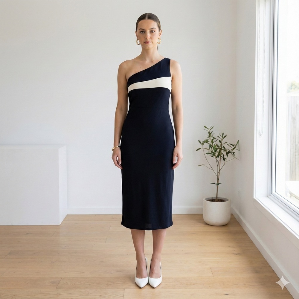 Vintage Ralph Lauren blue colourblock one shoulder silk midi dress - 6 (Small)